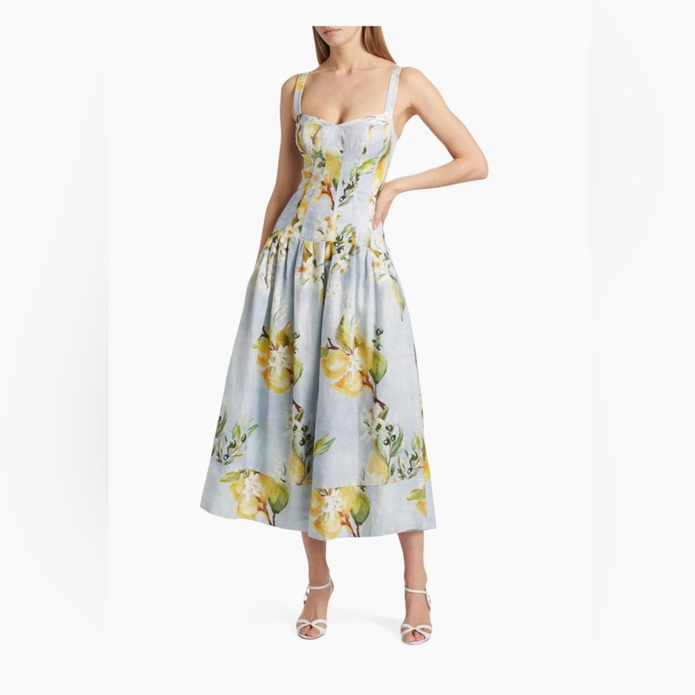 Nicholas - Makenna Floral Linen Drop Waste Midi Dress - Aniss Sky Lemon - Picture 4 of 6